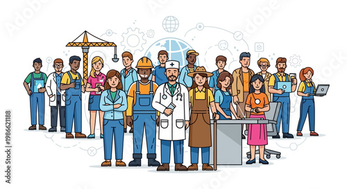 Diverse group of professionals standing together.