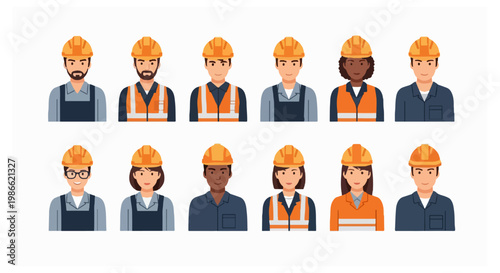Twelve industrial worker avatars wearing yellow safety helmets and orange high-visibility vests are organized into two rows on white.