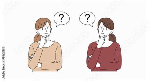 A pair of female characters in peach and burgundy tops are depicted in a thinking pose with question marks floating in bubbles above them.