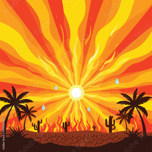 A vibrant desert scene with a blazing sun and silhouetted palm trees