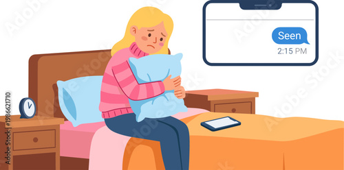 Woman sitting on bed reading message on phone in bedroom