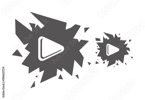Two dark gray play buttons with jagged edges and scattered triangles media audio