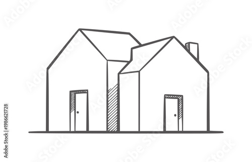 Two connected houses with simple line and hatching detail home building architecture