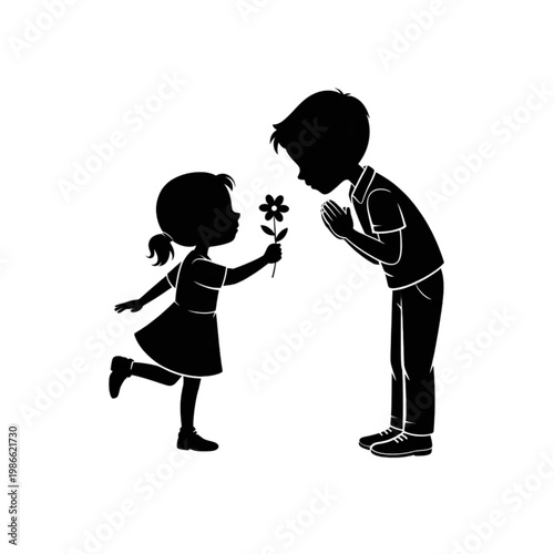Black and white silhouette of a young girl giving a flower to a polite boy, representing a kind gesture or friendship