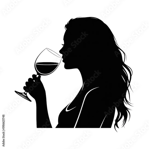 Black and white profile silhouette of a young woman with long wavy hair holding a glass of red wine and tasting it