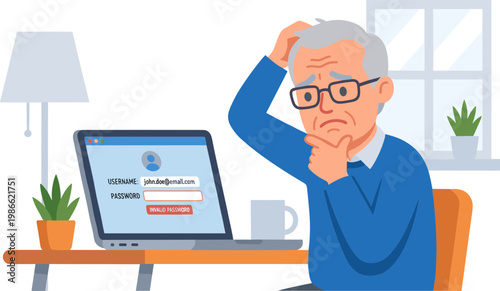 Confused senior man struggles with laptop login at home desk.