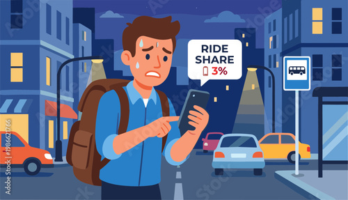 A man with a backpack rides a share transportation at night city street.