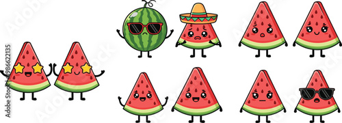 Canvastavla PrinSet of Cute Watermelon Character Illustrations with Sunglasses, Sombrero, an