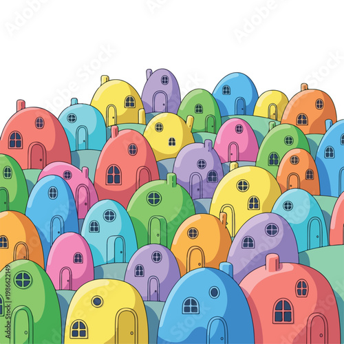 Colorful cartoon village with rounded houses