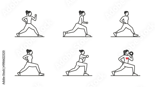 Workout Guide: A series of illustrations demonstrating various exercise moves, from running to lunges with weights, providing a visual guide for achieving fitness goals.
