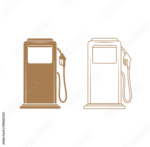 Two brown and white gas pumps with nozzles on transparent background