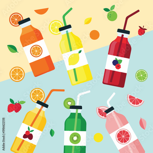 Colorful juice bottles with fruits and straws on pastel background