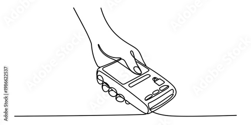 A single line drawing of a person's hand interacting with a portable credit card payment terminal Vector, illustration