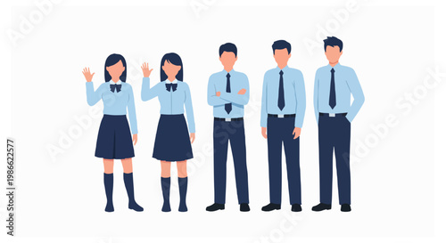 A minimalist illustration shows five faceless students in blue and navy school uniforms standing against a white background with two girls waving their hands.