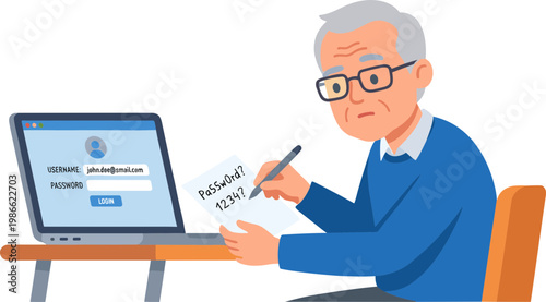 An elderly man sits frustrated at a desk with a laptop and paper