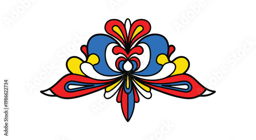 Colorful abstract floral design with red, blue, yellow, and white