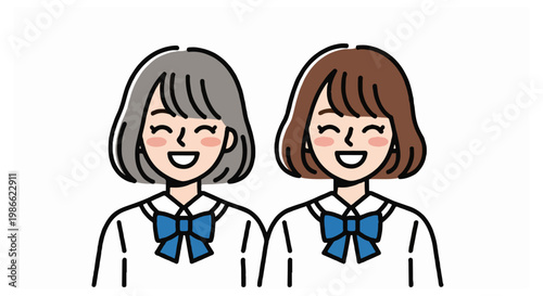 Two teenage girls with bob haircuts wearing white school shirts and blue ribbons smile with closed eyes and red cheeks on a white background.