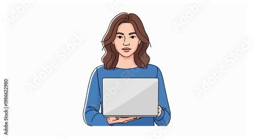 A young woman with brown hair wearing a blue sweater holds a closed silver laptop against a plain white background in a flat vector style.