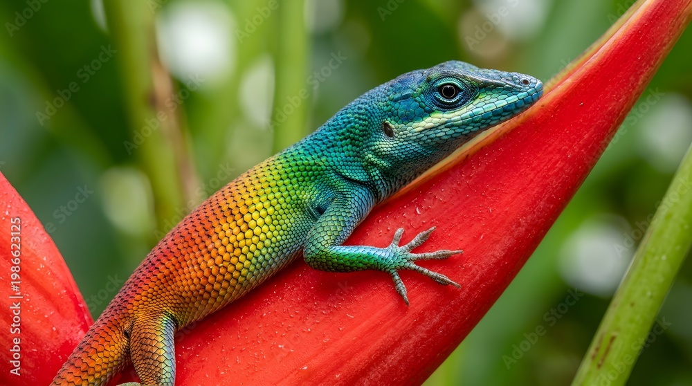 Fototapeta premium Vibrant Rainbow Lizard Perched on Tropical Red Heliconia Flower