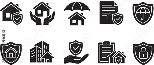 Vector graphic illustration of various home and property protection icons and symbols used for security
