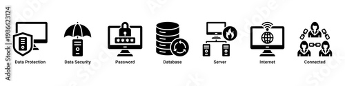 Data Security web banner icon vector illustration with icons of Data Protection, Data Security, Password, Database, Server, Internet and Connected