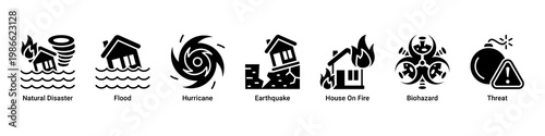 Disaster Impact web banner icon vector illustration with icons of Natural Disaster, Flood, Hurricane, Earthquake, House On Fire, Biohazard and Threat