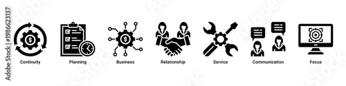 Business Continuity web banner icon vector illustration with icons of Continuity, Planning, Business, Relationship, Service, Communication and Focus