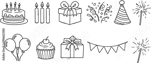 Vector illustration of birthday celebration elements including cake, gifts, and decorations