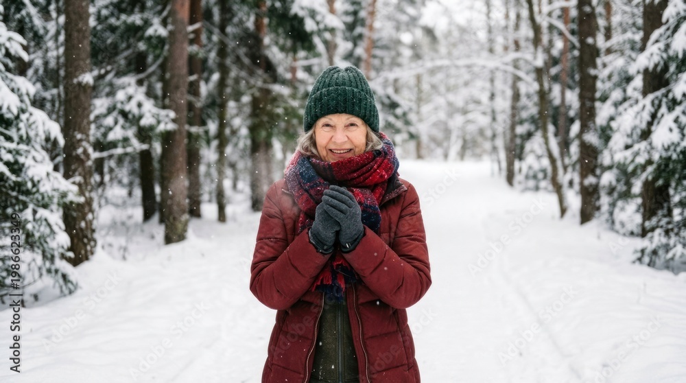 Fototapeta premium An elderly woman smiles warmly in a snowy forest. She is bundled in a red coat, a dark scarf, and gray gloves.