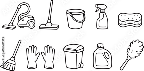 Vector illustration of various cleaning tools and supplies for household chores and maintenance tasks daily