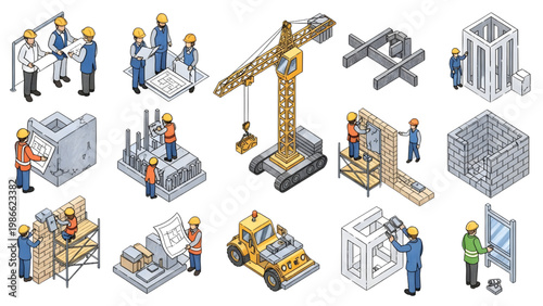 Isometric Pencil Sketch Vector Construction Workflow Set, Human Activity Building Site Process, Minimal Graphite Line Illustration, Clean Isolated White Background