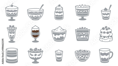 A collection of illustrations, including trifles, parfaits, and layered cups, presented in a clean, monochromatic style.