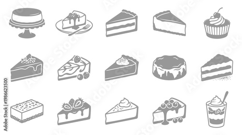 A collection of various dessert illustrations, including cakes, cupcakes, and parfaits, presented in a monochromatic grey scale.