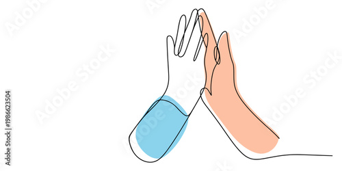 Continuous line drawing of two hands meeting in a high five gesture of success and teamwork