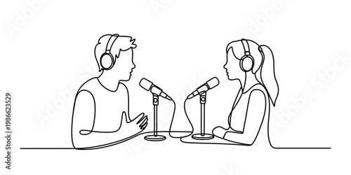 A continuous line drawing of a man and woman recording a podcast together in a studio setting. Vector, illustration