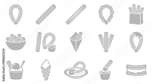 Collection of stylized icons representing various churro preparations and desserts, including classic shapes, filled churros, and ice cream pairings.