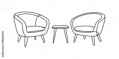 Minimalist chair and table set, modern furniture line art, simple interior design elements, black outline on white