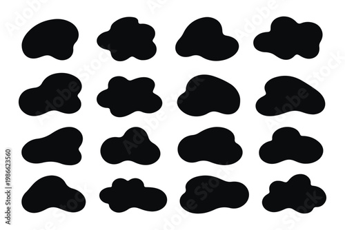 Organic blob shapes, abstract amoebas, irregular fluid element collections. Simple flat abstract shapes, amoeba blobs, fluid shape graphic design elements. Vector illustration.