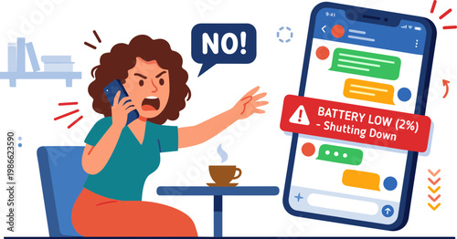 Woman reacts to her phone shutting down due to low battery while on call at a café