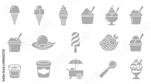 A collection of various ice cream and dessert icons, including cones, cups, sundaes, and a cart.