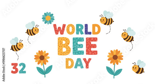 World Bee Day celebration with colorful bees flying around flowers and the number 32