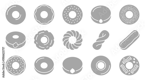 A collection of various donut and pastry illustrations, showcasing different shapes, textures, and toppings in a clean, modern graphic style.