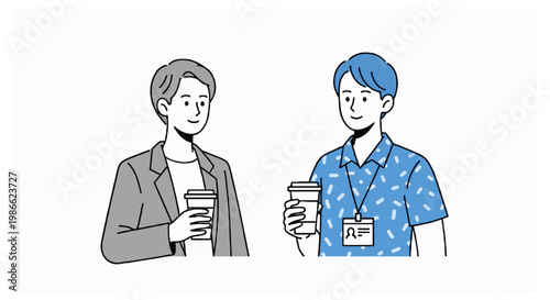 Two male characters stand together with coffee cups including one man in a grey suit jacket and another in a blue patterned shirt with an ID card.