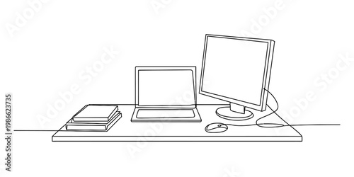 A continuous line drawing of a tidy workspace featuring a laptop monitor and books on a desk Vector, illustration