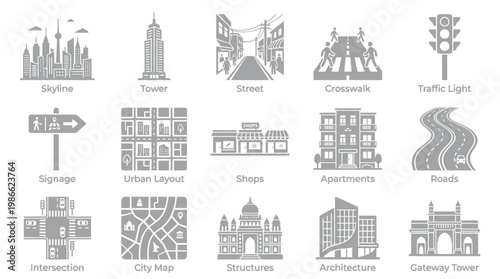 A collection of 15 monochrome icons representing various urban elements and cityscapes, including skylines, buildings, streets, and traffic infrastructure.
