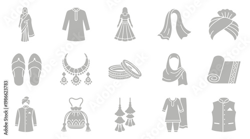 Collection of Indian traditional clothing and accessories for men and women, including attire, jewelry, and headwear.