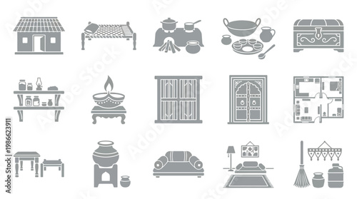 Collection of vintage Indian household items and architectural elements, rendered in a simple, monochromatic style.