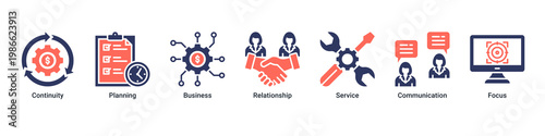 Business Continuity web banner icon vector illustration with icons of Continuity, Planning, Business, Relationship, Service, Communication and Focus