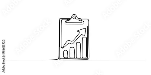 A single continuous line drawing of a clipboard showing a business growth chart and rising graph Vector, illustration