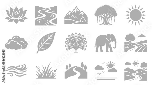 A collection of 15 grey icons representing various elements of nature, including flora, fauna, and landscapes.